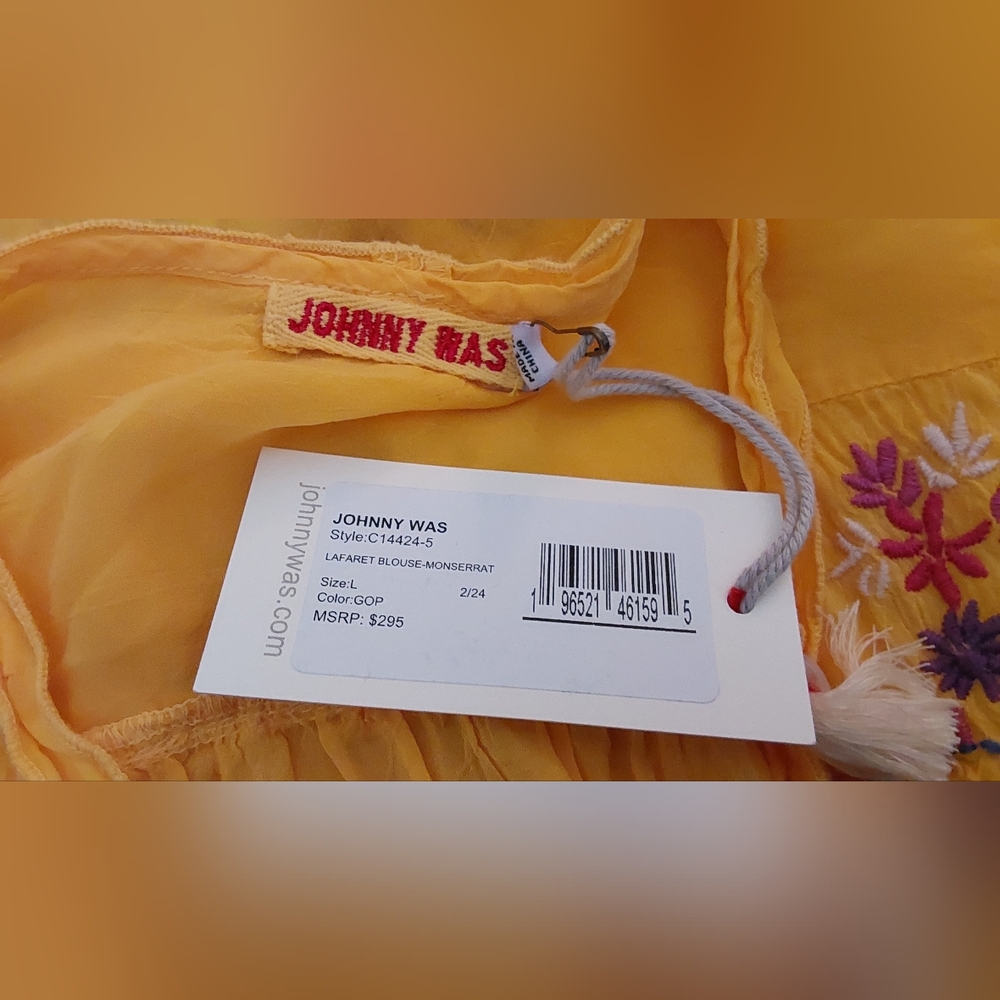 NEW JOHNNY WAS LAFARET Yellow Embroidered Blouse, Short Sleeve, size L - Picture 12 of 14